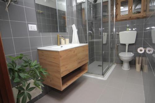 a bathroom with a sink and a shower and a toilet at Casa Piazzetta - Lake Como WiFi & A-C in Dorio