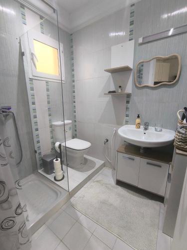 a bathroom with a shower and a toilet and a sink at Vitamin Sea Apartment in Akouda