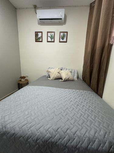 ein Schlafzimmer mit einem großen Bett mit einer Decke darauf in der Unterkunft Apartamento C Fuertevali in San Salvador