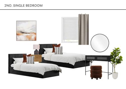 a room with two beds and a mirror at Gorgeous Town Centre 3-Bed 2-Bath Apartment Parking Available in Harrogate