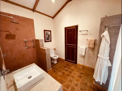 a bathroom with a sink and a shower and a toilet at Laikipia farmstay Chui Cottage near Nanyuki - 2330 in Timau
