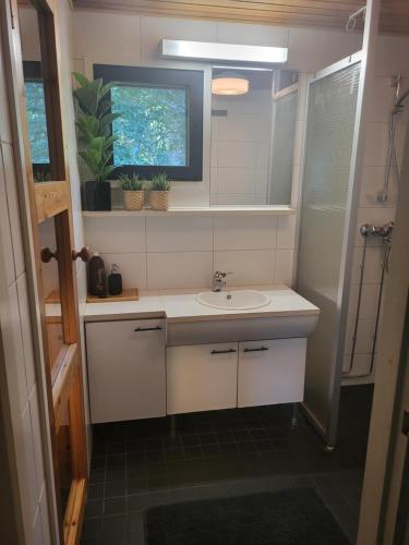 Villa Spark of Lapland في روفانييمي: حمام مزود بحوض ومِرآة