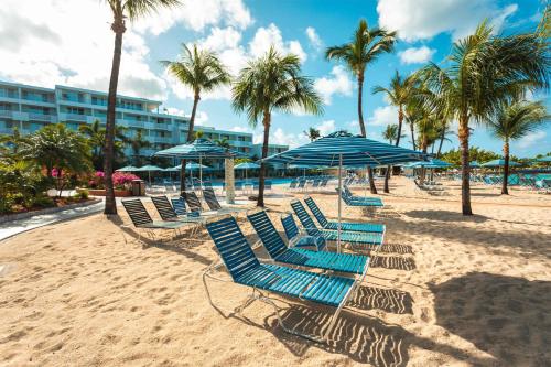 a group of blue beach chairs and umbrellas on a beach at Royal Islander Club Resort La Plage in Lowlands