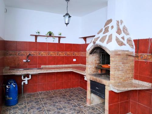 une cuisine avec un four en briques aux carreaux rouges dans l'établissement Apartamento Campo Rosa Tacoronte, à Tacoronte