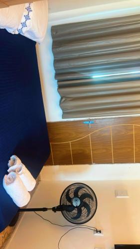 a room with a bed and a fan on the floor at chalé mares in Fortaleza