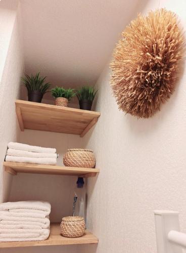a bathroom with wooden shelves with plants on the wall at Appartement Le Courtaou in Vielle-Aure