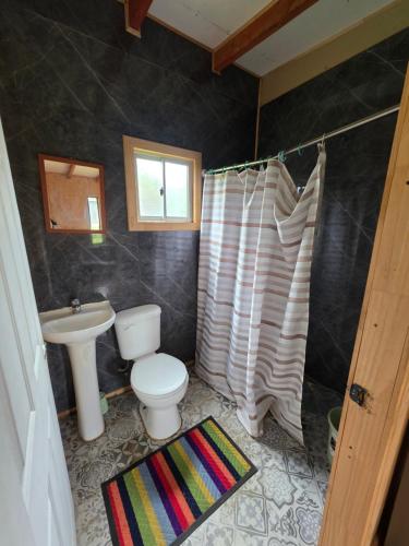 a bathroom with a toilet and a sink at Cabaña Playa Chauquen in Neltume