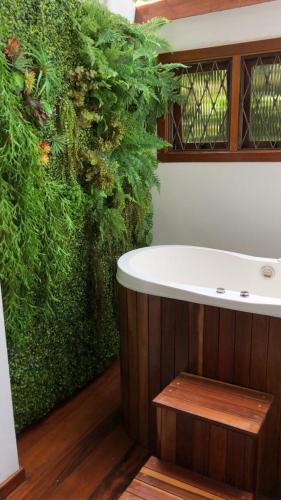a green wall with a white sink in a bathroom at Pousada das Lavandas in Campos do Jordão