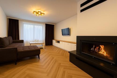 a living room with a couch and a fireplace at Transrarau Lodge in Pojorîta