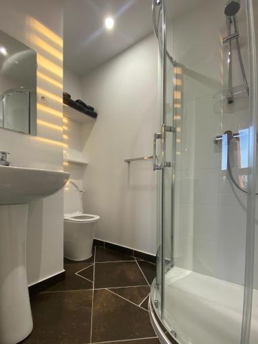 a bathroom with a shower and a sink and a toilet at La Maison Du Coteau in Cachan