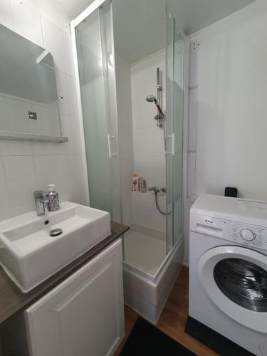 a bathroom with a sink and a washing machine at Cozy studio with private garden and separate entrance in Villeneuve-Loubet