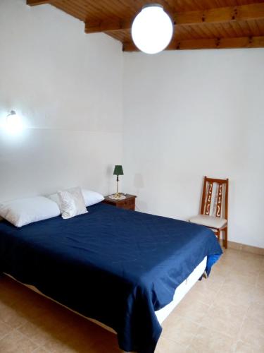 een slaapkamer met een blauw bed en een stoel bij Depto cómodo y confortable in Olavarría