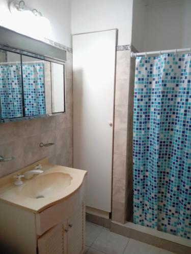 een badkamer met wastafel en douche bij Depto cómodo y confortable in Olavarría