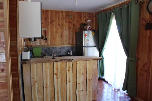 a kitchen with wooden walls and a refrigerator and a counter at Cabaña 1 Dos Laureles in Panguipulli