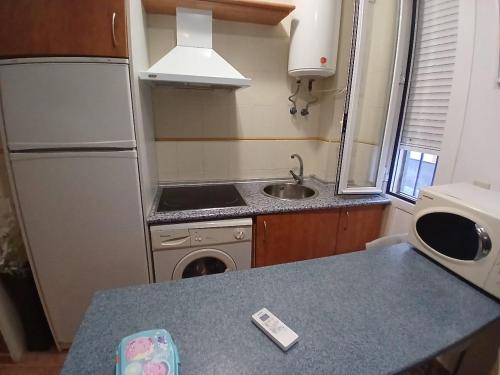 a small kitchen with a sink and a refrigerator at Luz del Guadiana in Ayamonte