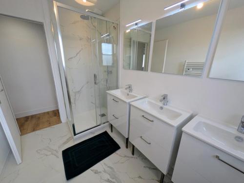 un bagno bianco con 2 lavandini e una doccia di Cozy and bright 3 bedrooms teleworking Vannes a Vannes