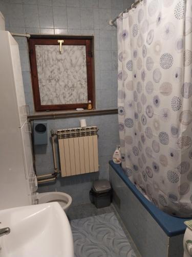 a bathroom with a toilet and a shower curtain at Dve Breze 