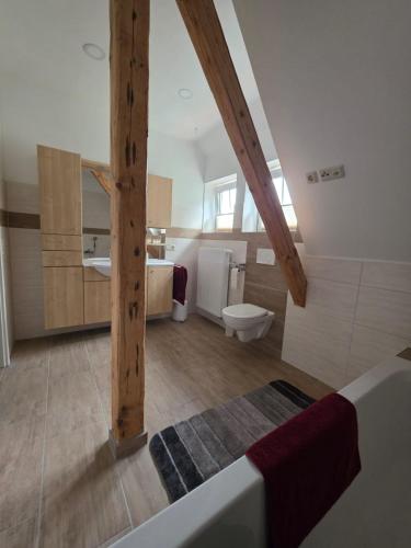 a bathroom with a sink and a toilet in a room at Luxus Ferienwohnung in Kurort Jonsdorf