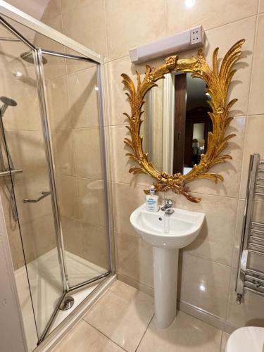 a bathroom with a shower and a sink and a mirror at The Sardinian Guesthouse (6 Bedrooms) in Cobh
