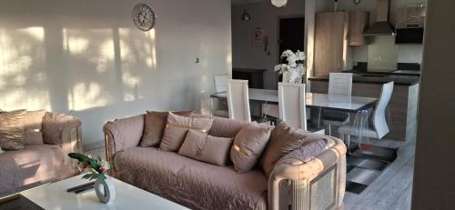 a living room with a couch and a table at Chambre privée dans grand et superbe appartement proche paris in Creil