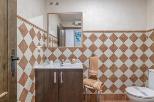 ein Badezimmer mit Waschbecken, Toilette und Spiegel in der Unterkunft Casa Ignacio a 15 minutos de Ronda in Arriate