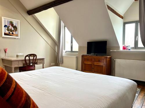 a bedroom with a large bed and a television at T1 lumineux & cosy, vue Cathédrale, Amiens centre in La Celle-sous-Gouzon