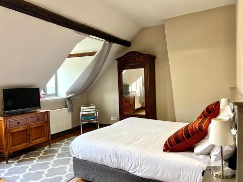 a bedroom with a bed with a television and a mirror at T1 lumineux & cosy, vue Cathédrale, Amiens centre in La Celle-sous-Gouzon