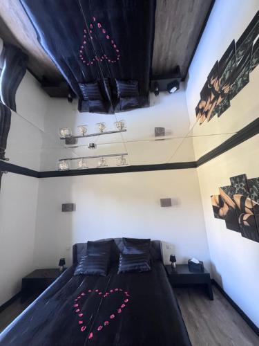 een slaapkamer met een zwart bed in een kamer bij Loveroom Montargis in Montargis