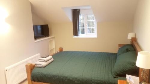 a bedroom with a green bed and a television at Yew Tree Cottage in Bristol