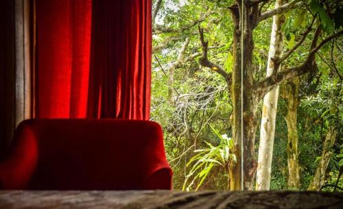 a window with a red curtain and a tree at Bela Vista Lodge in Novo Airão