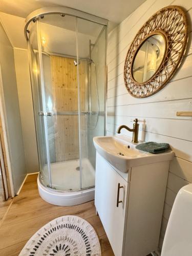 a bathroom with a shower and a sink at Tiny Cabin Under the Northern Lights in Leirá