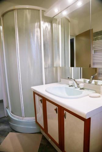 a bathroom with a shower and a white sink at anthony meggy in Thiron-Gardais