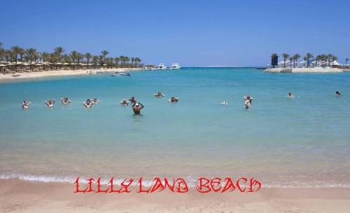 a group of people in the water at the beach at Mirage Bay Resort & Aqua Park in Hurghada