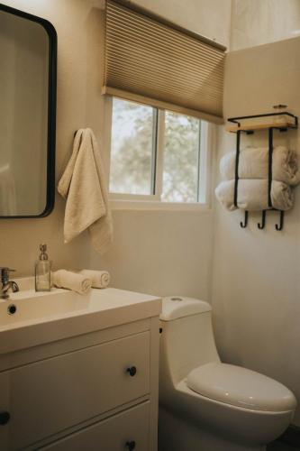 a bathroom with a toilet and a sink and a mirror at La Mata de Nuez in Valle de Guadalupe