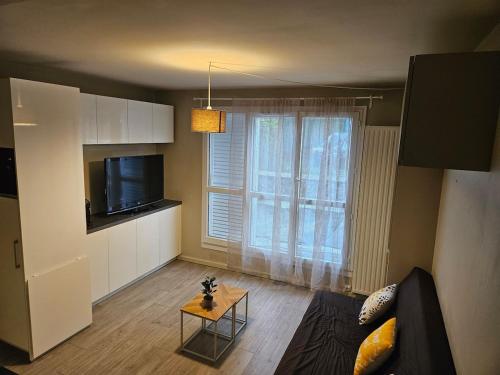 ein Wohnzimmer mit einer Couch, einem Fernseher und einem Tisch in der Unterkunft Appartement entier T2 proche gare de Cergy préfecture in Cergy