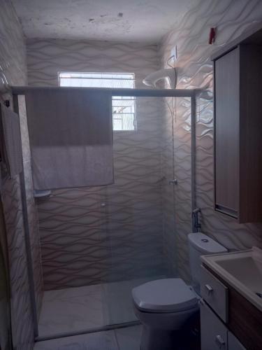 a bathroom with a shower with a toilet and a sink at apartamento 301 in Florianópolis