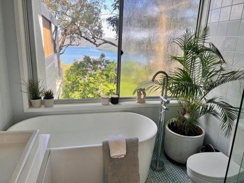 a bathroom with a tub and potted plants and a window at Capri House in Clareville