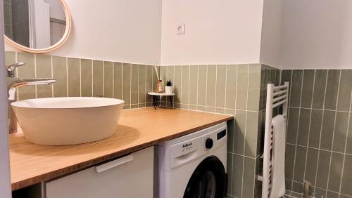 a bathroom with a sink and a washing machine at L'Eden Rouennais - Gare de Rouen in Rouen