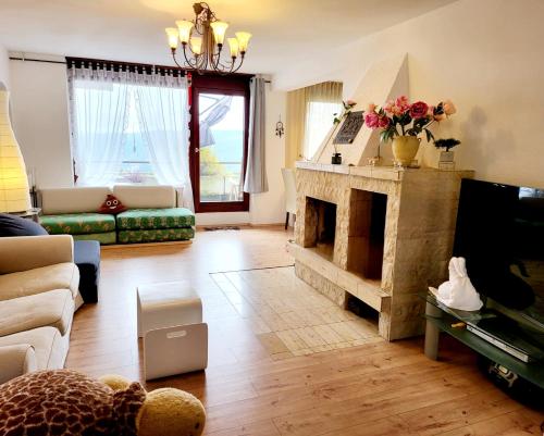 ショナッハにあるDeck-Apartment next to the forest, free parkingの暖炉とテレビのあるリビングルーム