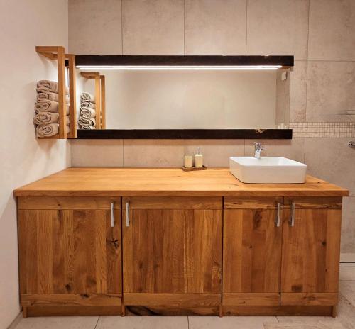 a bathroom vanity with a sink and a mirror at Bellevue relax Apartment in Žetale