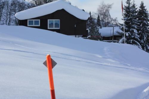 a house covered in snow with an orange pole in front at Casa Uccello in Wildhaus