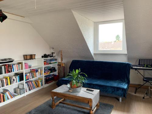 a living room with a blue couch and a book shelf at Appartement dans charmante maison près de Sarrebruck in Grosbliederstroff