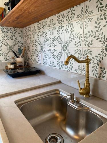 a kitchen sink with a faucet in a kitchen at Chalé Colibri Verde in Santa Teresa