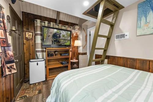 a bedroom with a bunk bed and a ladder at Hot Tub A-Frame Cabin Lake Arrowhead Escape in Rimforest