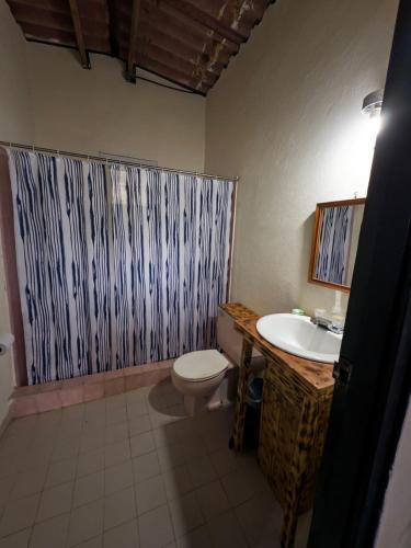 a bathroom with a toilet and a sink and a shower curtain at Nilka sunset house in Colón