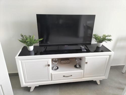 un televisor en un armario blanco con dos macetas en Appartement F3 Oran, en Bir el Djir