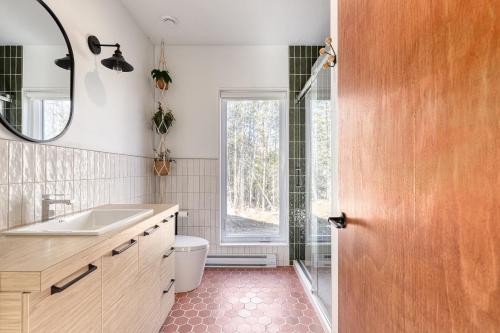 a bathroom with a sink and a mirror at Slow Living Lodge- SPA - Pet friendly in Saint Come
