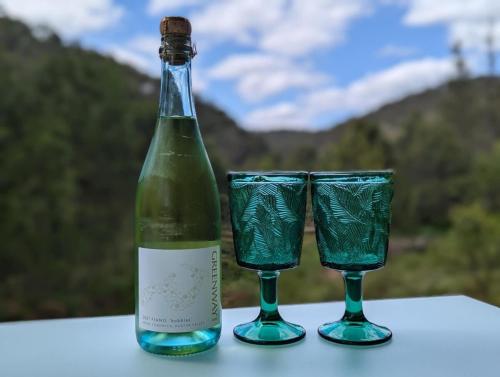 due bicchieri verdi accanto a una bottiglia di vino di The Burrows Off Grid Cabin, Unplug, Relax & Unwind a Wollombi