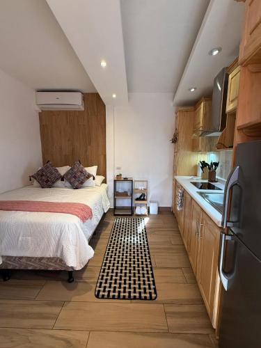 una camera con letto e una cucina con lavandino di Cute Private Studio in Antigua Heart a Antigua Guatemala