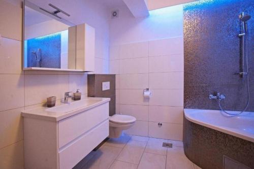 a bathroom with a sink and a toilet and a shower at Apartments with parking space Vrboska, Hvar - 24967 in Vrboska